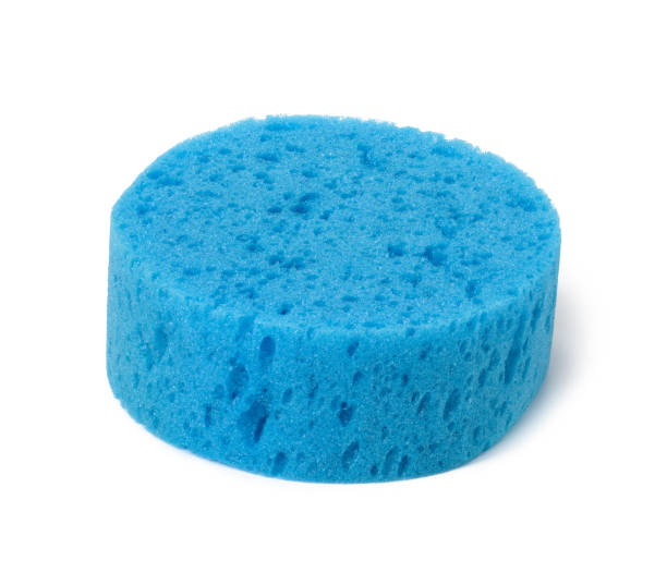 esponja de baño azul redonda aislada sobre fondo blanco - cleaning sponge fotografías e imágenes de stock