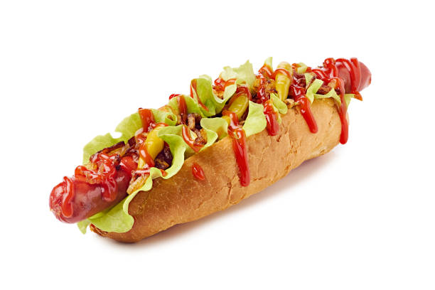 istock Yummy hotdog with huge sausage on white background 1395416736