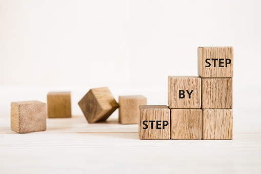 The word step by step on stair from wooden cubes. Achievement or progress in business career.