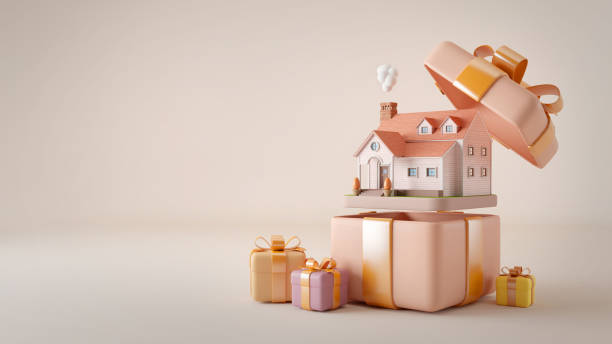 istock Cute house in a gift box with gold ribbon.3d rendering 1395419406