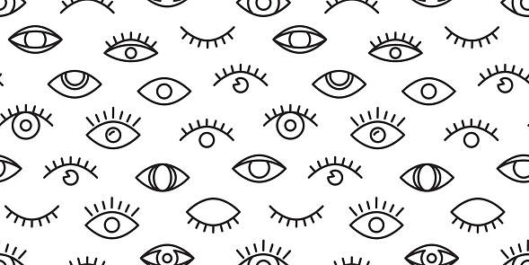Eye vector seamless pattern, miniml character print, cute doodle texture, black look background. Cartoon illustration
