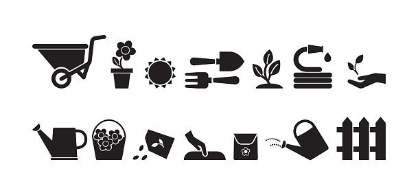 Garden vector icon set, black silhouettes gardening isolated on white background. Simple illustration