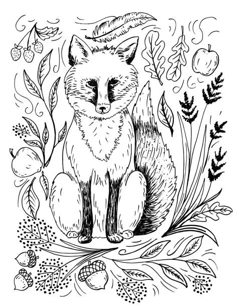 Vector illustration of Hand Drawn Autumn Fox On A Transparent Background