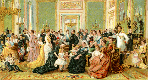 Queen Victoria receives her guests. Vintage engraving circa late 19th century. Digital restoration by Pictore.