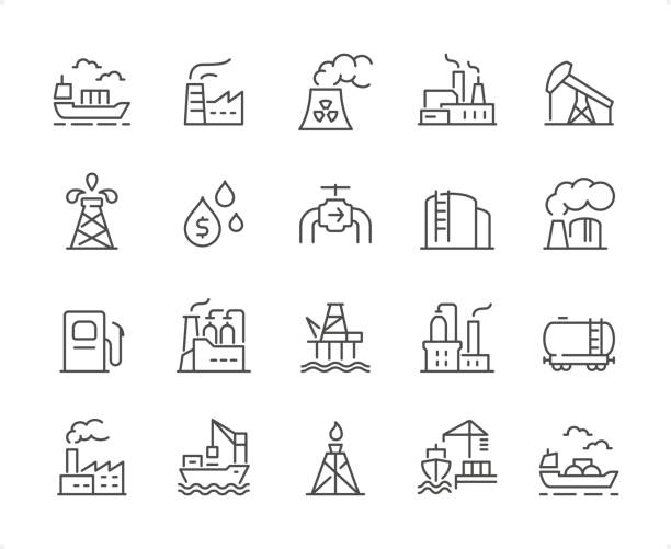 illustrations, cliparts, dessins animés et icônes de jeu d’icônes de l’industrie. poids de contour modifiable. icônes parfaites au pixel près. - gas station fuel pump station gasoline