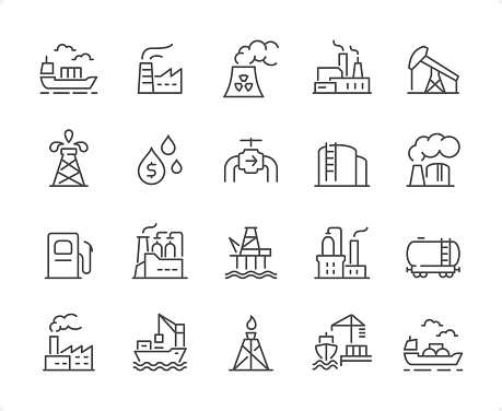 Industry icons set #11

Specification: 20 icons, 64×64 pх, EDITABLE stroke weight! Current stroke 2 px.

Features: Pixel Perfect, Unicolor, Editable weight thin line.

First row of  icons contains:
Cargo Ship, Plant, Nuclear Power Station, Plant,  Oil Pump;

Second row contains: 
Oil Derrick, Oil Industry, Oil Pipeline, Fuel Storage, Power Station;

Third row contains: 
Fuel Pump, Chemical Plant, Oil Refinery, Oil Industry, Oil Tanker; 

Fourth row contains: 
Plant, Industrial Ship, Natural Gas Tower, Ship Unloading   (Dock Crane), Oil Tanker Ship.

Check out the complete Prolinico collection — https://www.istockphoto.com/collaboration/boards/m2yevS1B7EWOAAxLZcvJhQ