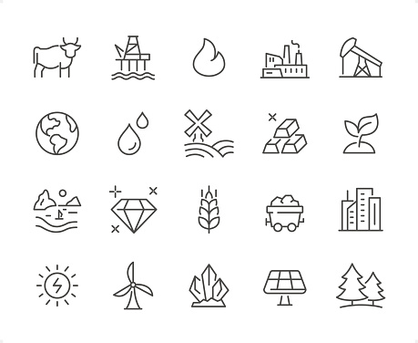 Natural Resources icons set #12

Specification: 20 icons, 64×64 pх, EDITABLE stroke weight! Current stroke 2 px.

Features: Pixel Perfect, Unicolor, Editable weight thin line.

First row of  icons contains:
Cow icon (Animal Resources), Oil Refinery, Flame, Plant, Oil Pump (Crude Oil);

Second row contains: 
Earth, Water, Water Resources, Ingot, Growth;

Third row contains: 
Land Resources, Diamond, Wheat, Coal Mine, Cityscape; 

Fourth row contains: 
Solar Energy, Wind Power, Minerals, Solar Panel, Forest Resources.

Check out the complete Prolinico collection — https://www.istockphoto.com/collaboration/boards/m2yevS1B7EWOAAxLZcvJhQ