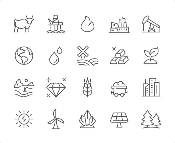 Natural Resources icon set. Editable stroke weight. Pixel perfect icons. Natural Resources icons set #12

Specification: 20 icons, 64×64 pх, EDITABLE stroke weight! Current stroke 2 px.

Features: Pixel Perfect, Unicolor, Editable weight thin line.

First row of  icons contains:
Cow icon (Animal Resources), Oil Refinery, Flame, Plant, Oil Pump (Crude Oil);

Second row contains: 
Earth, Water, Water Resources, Ingot, Growth;

Third row contains: 
Land Resources, Diamond, Wheat, Coal Mine, Cityscape; 

Fourth row contains: 
Solar Energy, Wind Power, Minerals, Solar Panel, Forest Resources.

Check out the complete Prolinico collection — https://www.istockphoto.com/collaboration/boards/m2yevS1B7EWOAAxLZcvJhQ mining natural resources stock illustrations
