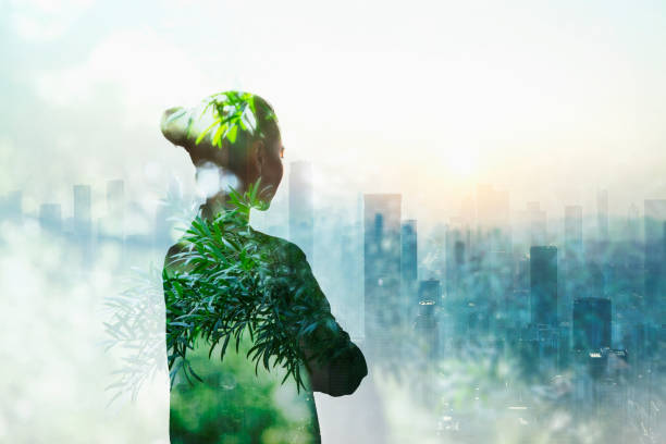 person standing in contemplation in urban city with nature trees composite - tomorrow imagens e fotografias de stock