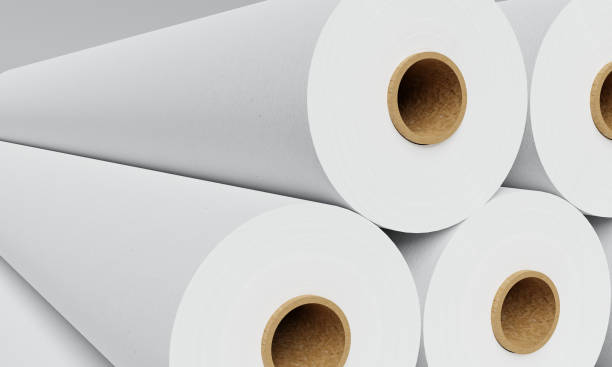 grupo de rolos de papel branco na fábrica industrial para o fundo de armazenamento. conceito de produção e fabricação. renderização de ilustração 3d - paper rolls - fotografias e filmes do acervo