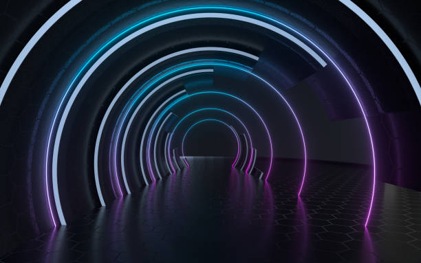 istock Dark tunnel with neon glowing lines, 3d rendering. 1395432825