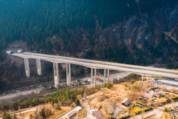 Bridge Mont Bardon (Ponte Mont Bardon) with highway  in Aosta Valley stock photo