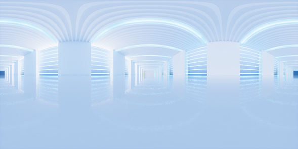 Empty white tunnel, 3d rendering. 360-degree seamless panoramic view. Computer digital drawing.