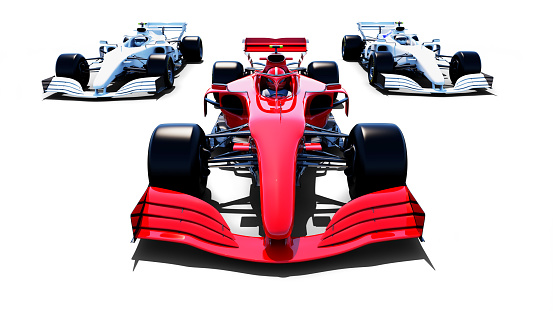 front view of generic red race car leading  group isolated on white background,  3D, car of my own design.