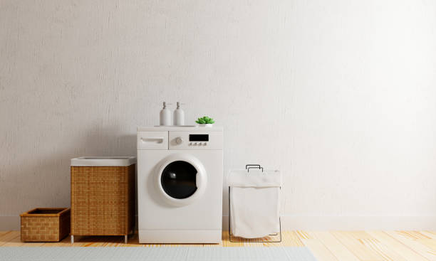 istock Washing machine in the kitchen with copy space. Laundry and interior concept. 3D illustration rendering 1395435352
