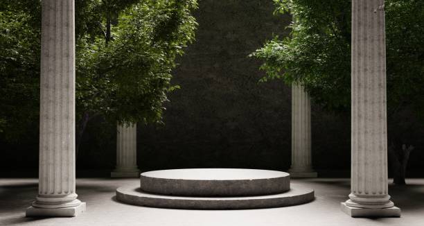 istock Round stone platform with Corinthian pillars and natural trees with shadow background. Historical and landmark object for advertising concept. 3D illustration rendering 1395436288