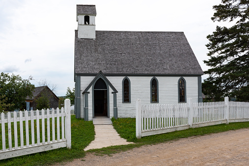 Prince William, New Brunswick, Canada – 12 September 2021 : Anglican church of Kings Landing, an historic museum village of the settlement.