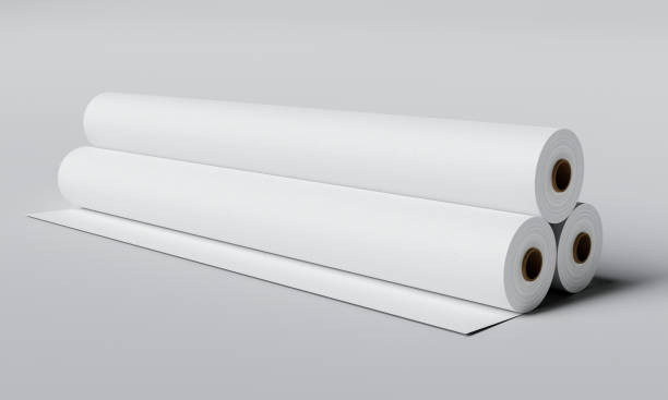istock Three paper rolls on gray background. Object and industry concept. 3D illustration rendering 1395436418