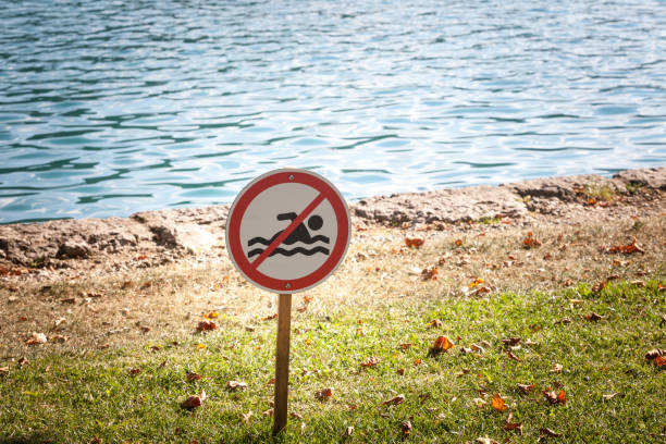 Selective blur on a standard no swimming sign on a lawn, in front of a water, a lake, indicating that it's forbidden to swim in these waters due to several dangers. stock photo