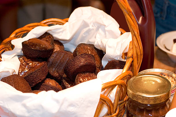 Fresh baked brownies in a basket.