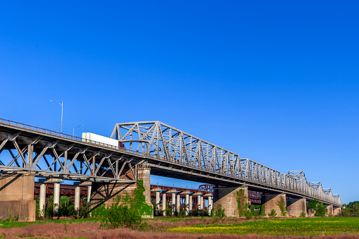 The Memphis Arkansas Memorial Bridge on Interstate 55 crossing the Mississippi River between West Memphis, Arkansas and Memphis, Tennessee.\