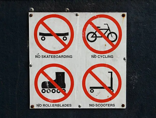 Sign, No Cycling, skating, rollerblading or skateboards