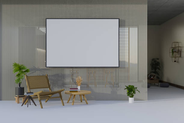 istock Banner ads mockup on white lined partition in home resting area with modern minimal interior 1395444606