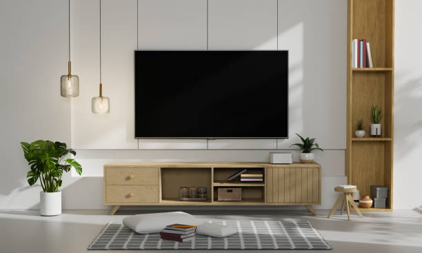 istock Modern contemporary living room interior design with large TV mockup on white wall 1395444607