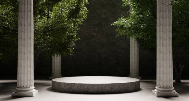 plataforma de piedra con pilares corintios y árboles naturales con fondo de sombra. objeto histórico y de referencia para el concepto publicitario. representación de ilustraciones 3d - natural column fotografías e imágenes de stock