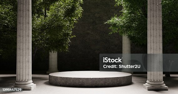 istock Stone platform with Corinthian pillars and natural trees with shadow background. Historical and landmark object for advertising concept. 3D illustration rendering 1395447529