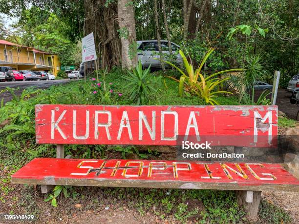 A Red Bench With Kuranda Logo At Street Kuranda Townscape In Queensland Australia Stock Photo - Download Image Now