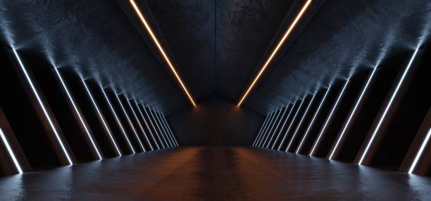 istock Sci Fi futuristic studio stage dark room in space station with glowing neon lights background. 1395451390
