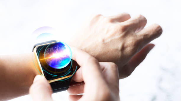 Smartwatch hologram mockup, interface for time digital online device mockup technology. VR interface futuristic technology stock photo