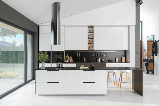 3D illustration of a modern apartment kitchen interior.