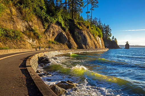 Siwash Rock, and the Seawall Bike Path, curved trail lines around Stanley Park with pine forested slopes of the Seawall on the Pacific coast. Pedestrians and cyclists on the trail