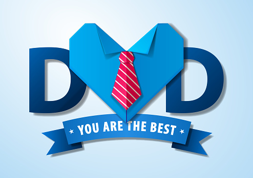 Celebrating the Father's Day with origami heart shirt, red tie and banner on the blue background