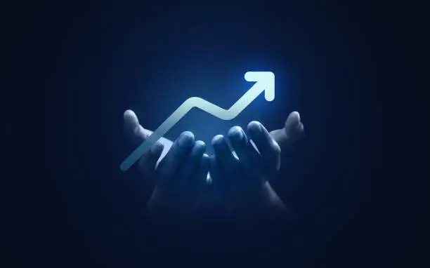 Hand growth improvement arrow up success business profit background of goal forward achievement graph diagram icon or increase financial direction stock chart sign and motivation development strategy.