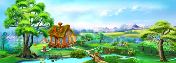 istock Fairy tale cartoon country house with yard 1395462075