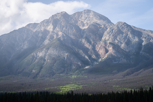 Monumental rocky mountain towering above green valley and forest, Jasper National Park, Canada
