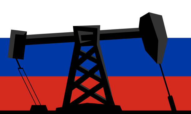 illustrazioni stock, clip art, cartoni animati e icone di tendenza di siluetta dell'industria petrolifera della raffineria di petrolio sopra la bandiera della russia - engine oil oil oil industry cartoon