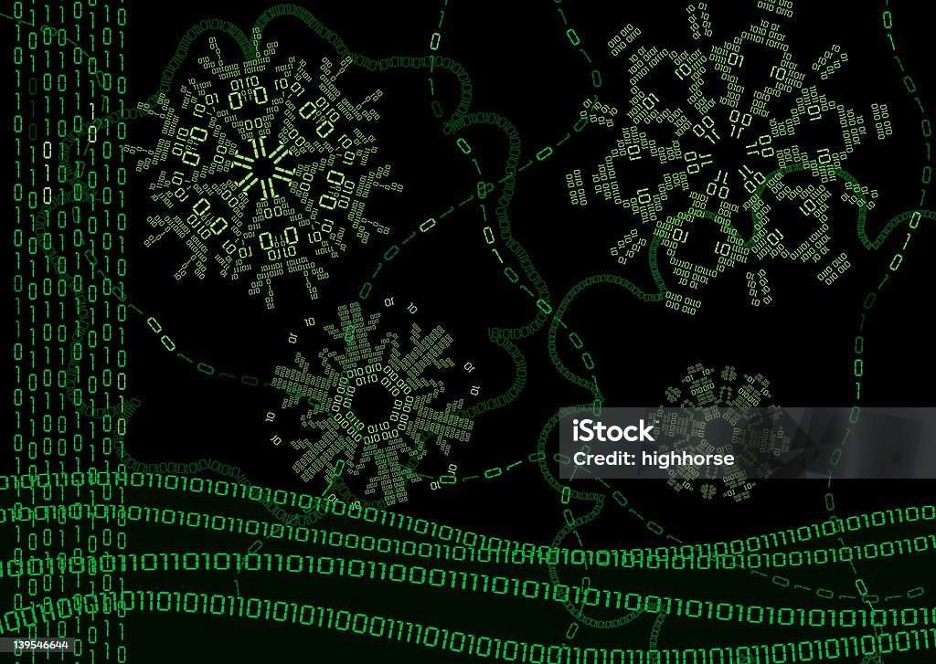 Digital Winter with Binary Snowflakes - Horizontal Matrixesque snowflakes composed of zeros and ones on a wintery background composed of the same. Spirograph Stock Photo