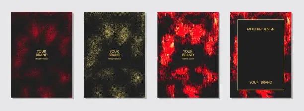 Vector illustration of Modern set of bright covers. Festive black backgrounds, golden pattern of spots, sparkles, splashes. Grunge texture. Collection of vertical templates for design, decor, advertising.