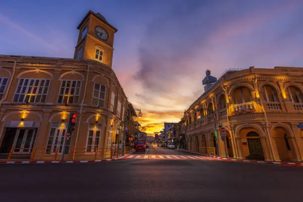 Photo of Phuket, Thailand - May 5, 2022: Building with Food Panda of Sino Portuguese architecture at Phuket Old Town, The chartered bank building, Phuket, Thailand