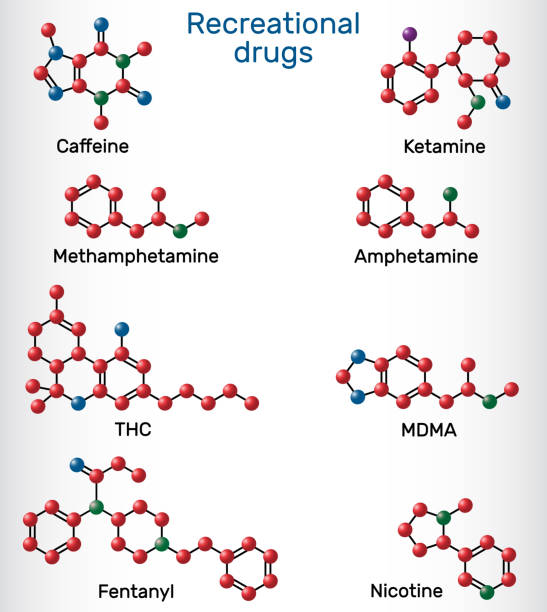 Psychoactive drugs: caffeine, nicotine, amphetamine, methamphetamine (crystal meth), MDMA (ecstasy), fentanyl (fentanil), ketamine, tetrahydrocannabinol (THC). Recreational drugs molecule model. Psychoactive drugs: caffeine, nicotine, amphetamine, methamphetamine (crystal meth), MDMA (ecstasy), fentanyl (fentanil), ketamine, tetrahydrocannabinol (THC). Recreational drugs molecule model. Vector fentanyl stock illustrations