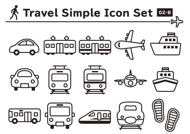 여행을위한 간단하고 귀여운 아이콘 세트 - car computer icon symbol side view stock illustrations