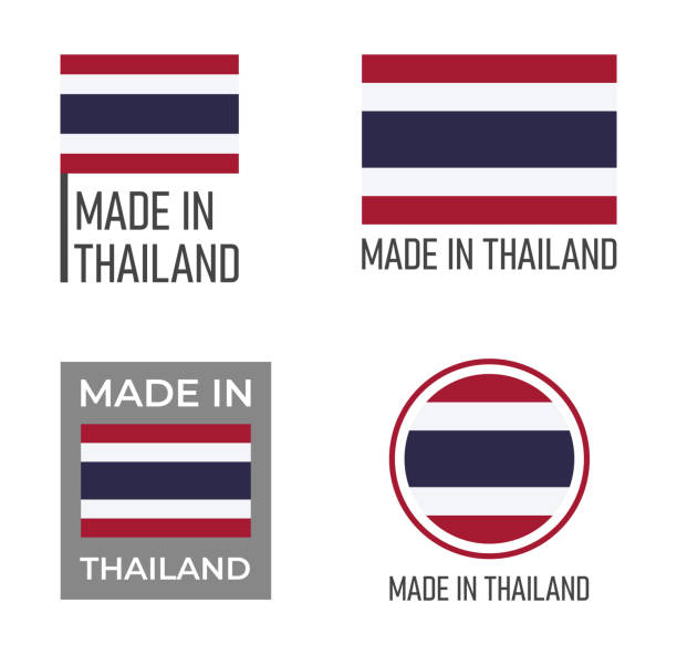 태국 제 라벨 세트, 태국 왕국 제품의 상징 - thailand thai flag flag push button stock illustrations