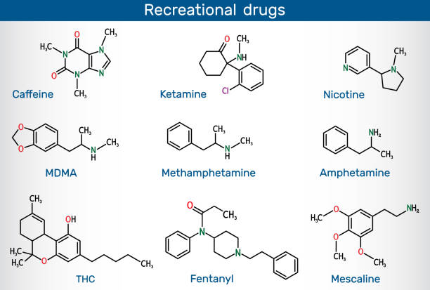 psychoaktive drogen: koffein, nikotin, amphetamin, methamphetamin (crystal meth), mdma (ecstasy), fentanyl (fentanil), ketamin, tetrahydrocannabinol (thc), meskalin. freizeitdrogenmolekül. - formula chemistry vector molecular structure stock-grafiken, -clipart, -cartoons und -symbole