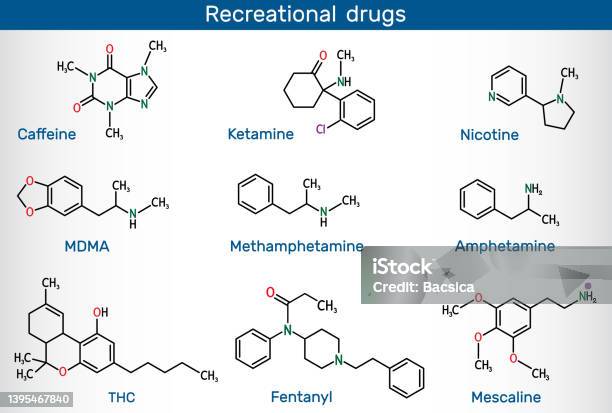 Psychoactive Drugs Caffeine Nicotine Amphetamine Methamphetamine Mescaline Recreational Drugs Molecule - Arte vetorial de stock e mais imagens de Cetamina