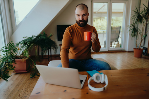 Young bearded man drinking coffee and using a laptop in the living room, working from home