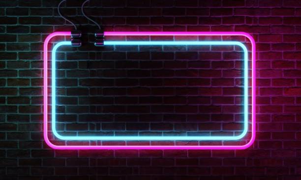 istock Neon sign banner with copy space on brick wall background. Abstract art and object concept. 3D illustration rendering 1395468755